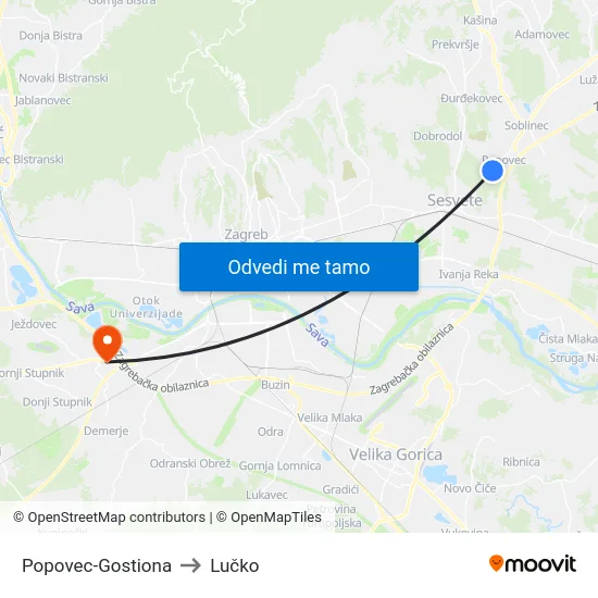 Popovec-Gostiona to Lučko map