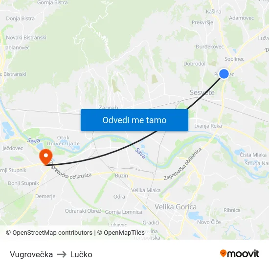 Vugrovečka to Lučko map
