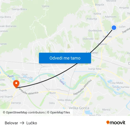 Belovar to Lučko map