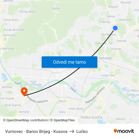 Vurnovec - Banov Brijeg - Kusova to Lučko map