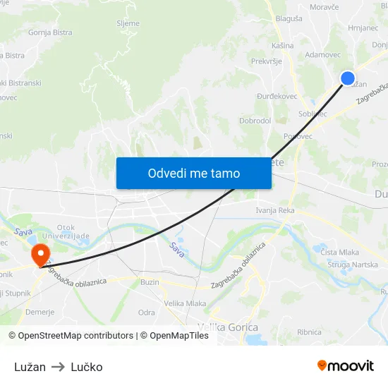 Lužan to Lučko map