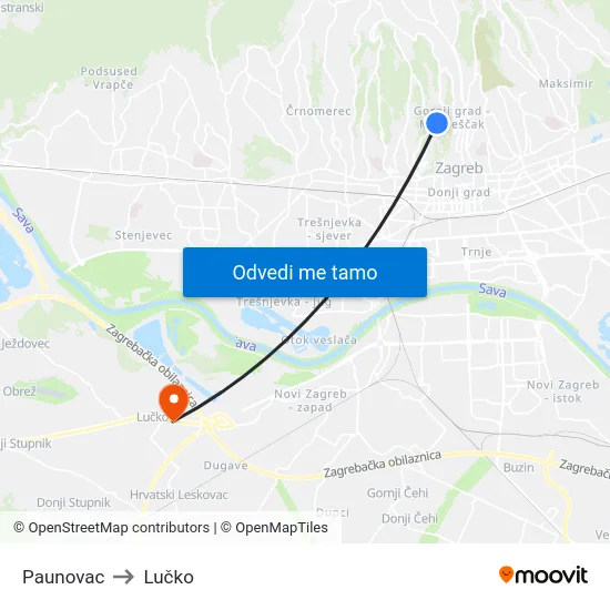 Paunovac to Lučko map