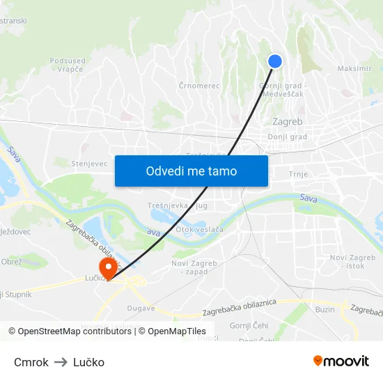 Cmrok to Lučko map