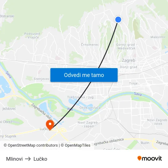 Mlinovi to Lučko map