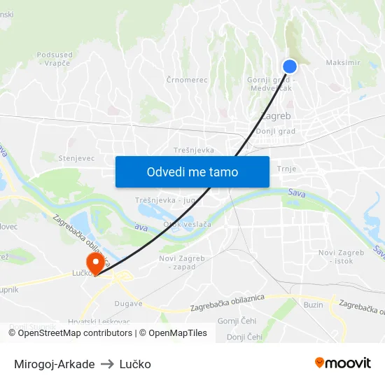 Mirogoj-Arkade to Lučko map