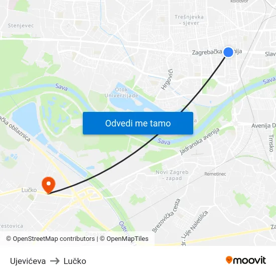 Ujevićeva to Lučko map