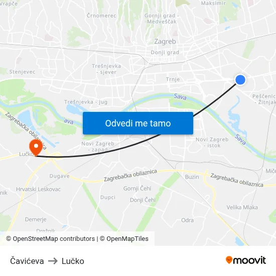 Čavićeva to Lučko map