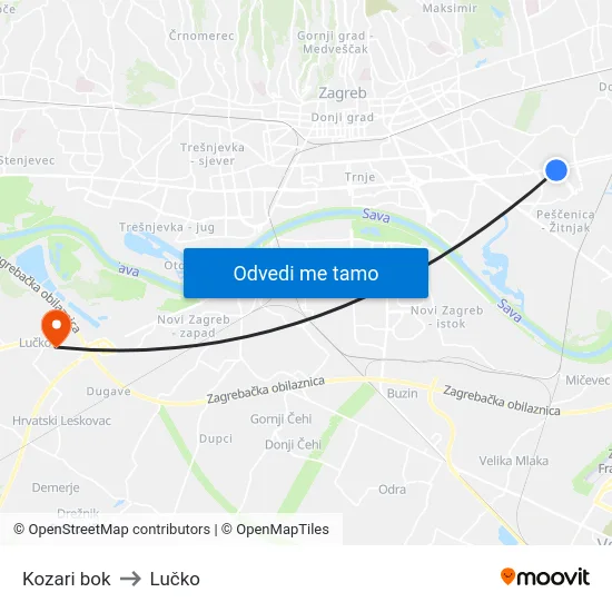 Kozari bok to Lučko map