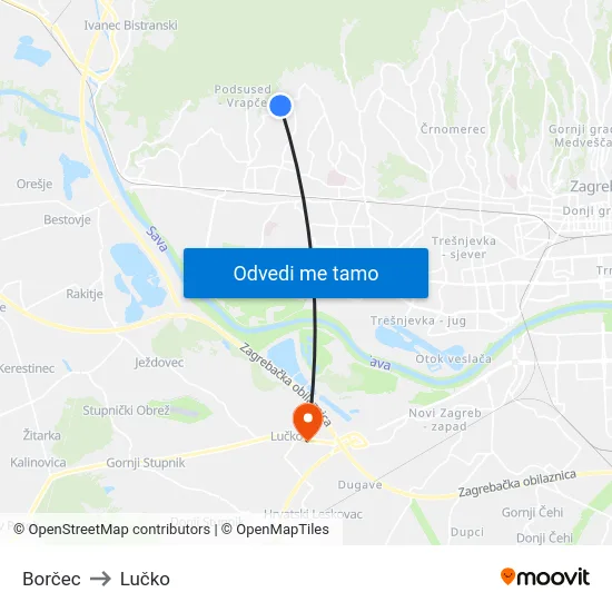 Borčec to Lučko map