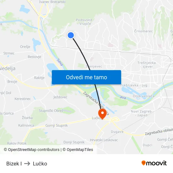 Bizek I to Lučko map