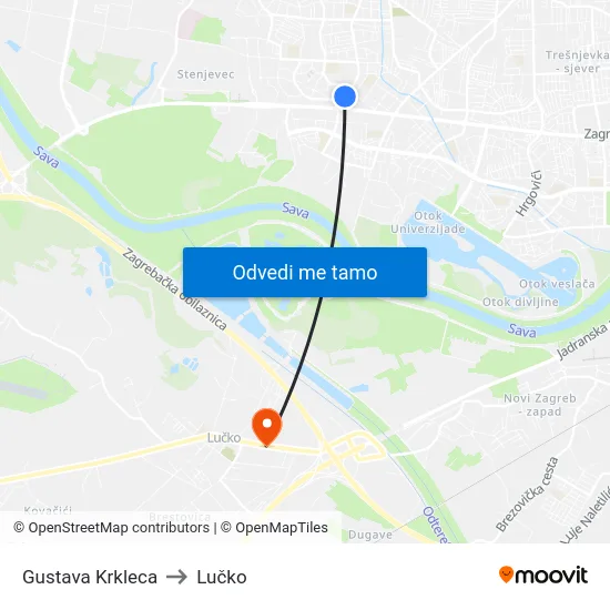 Gustava Krkleca to Lučko map