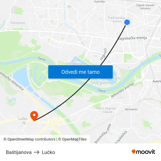 Baštijanova to Lučko map