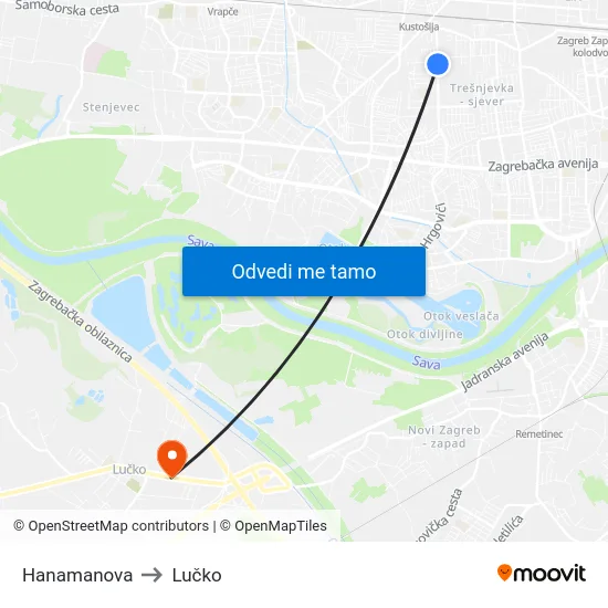 Hanamanova to Lučko map