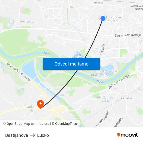 Baštijanova to Lučko map