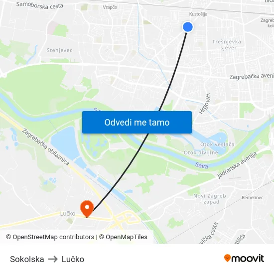 Sokolska to Lučko map