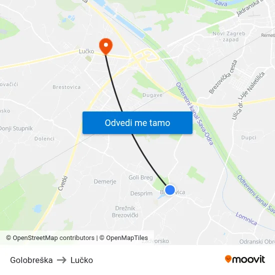 Golobreška to Lučko map