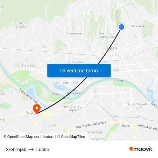 Srebrnjak to Lučko map