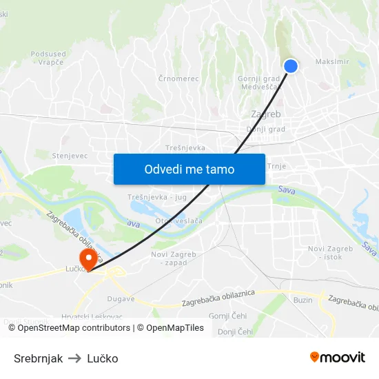 Srebrnjak to Lučko map