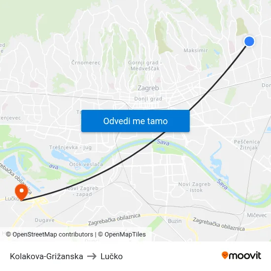Kolakova-Grižanska to Lučko map