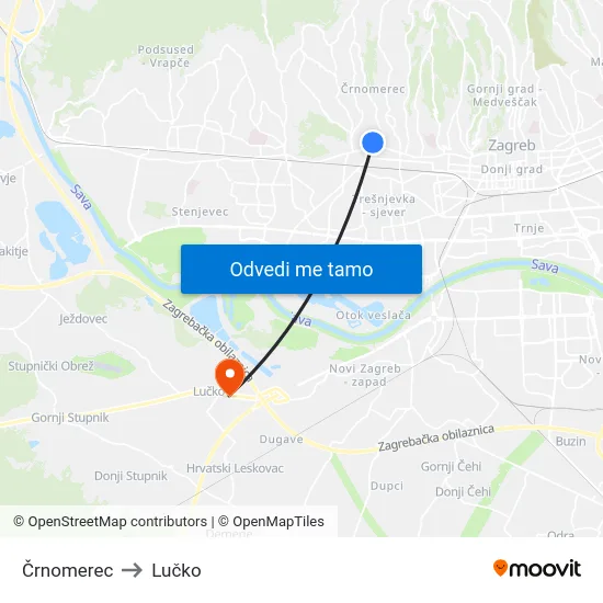 Črnomerec to Lučko map