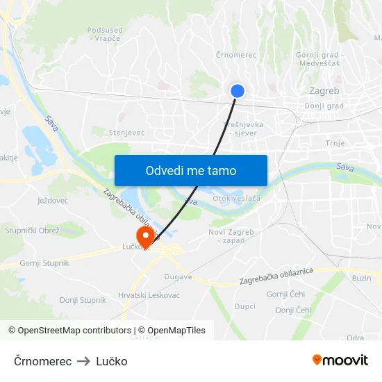 Črnomerec to Lučko map