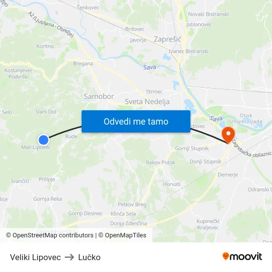 Veliki Lipovec to Lučko map