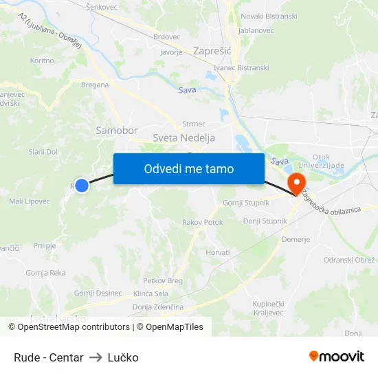 Rude - Centar to Lučko map