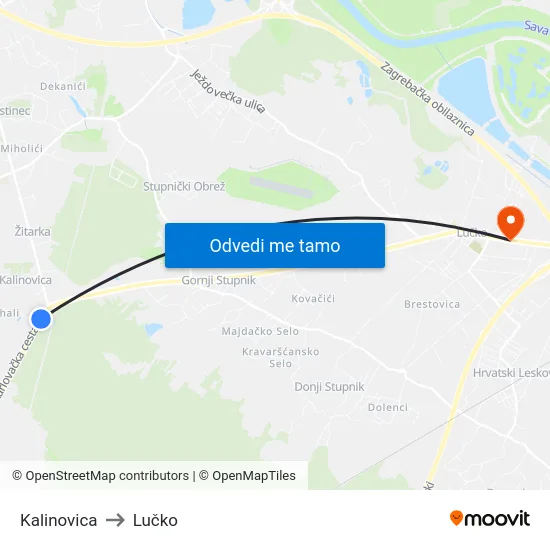 Kalinovica to Lučko map