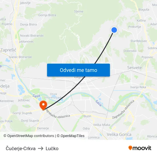 Čučerje-Crkva to Lučko map