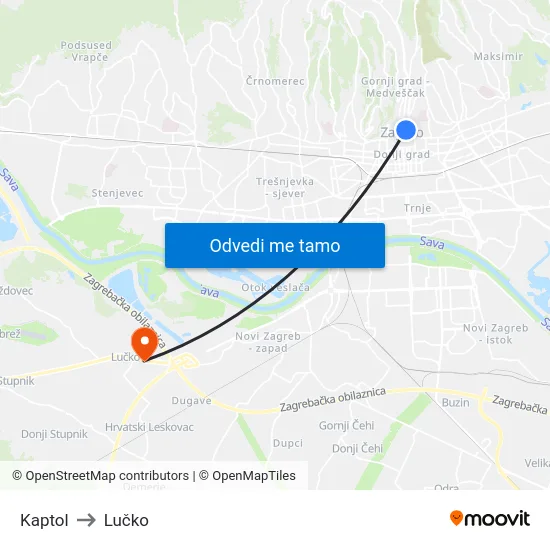 Kaptol to Lučko map