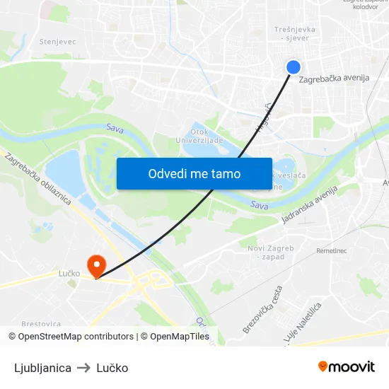 Ljubljanica to Lučko map