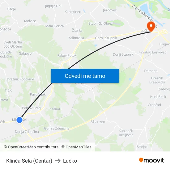 Klinča Sela (Centar) to Lučko map