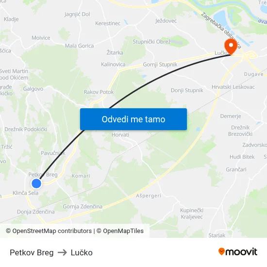 Petkov Breg to Lučko map