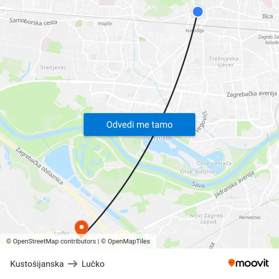 Kustošijanska to Lučko map