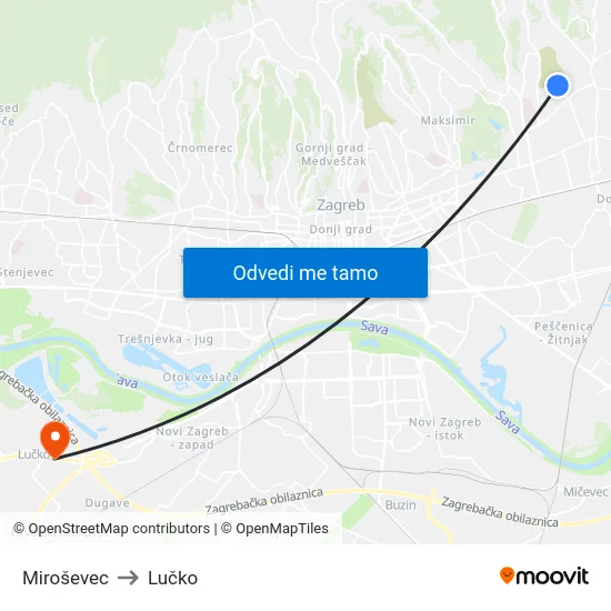 Miroševec to Lučko map
