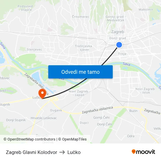 Zagreb Glavni Kolodvor to Lučko map