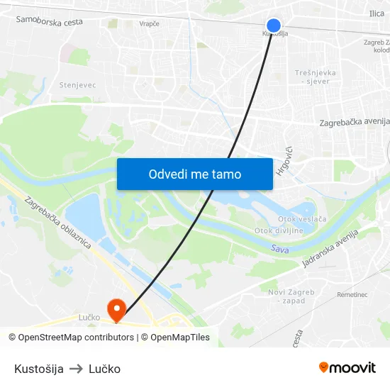 Kustošija to Lučko map