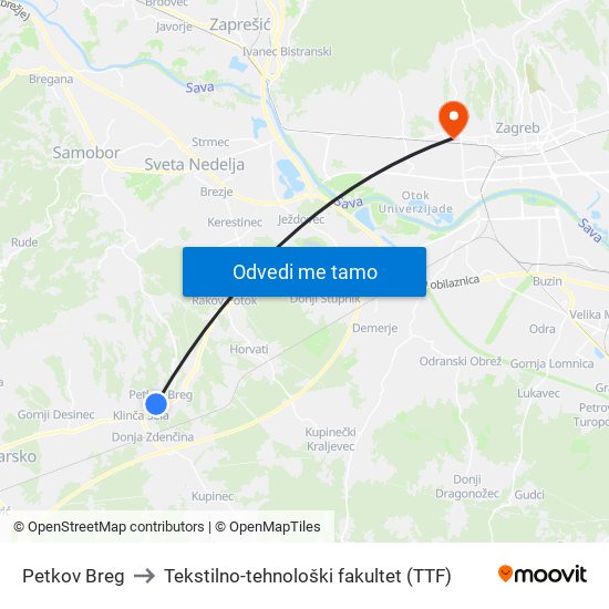 Petkov Breg to Tekstilno-tehnološki fakultet (TTF) map
