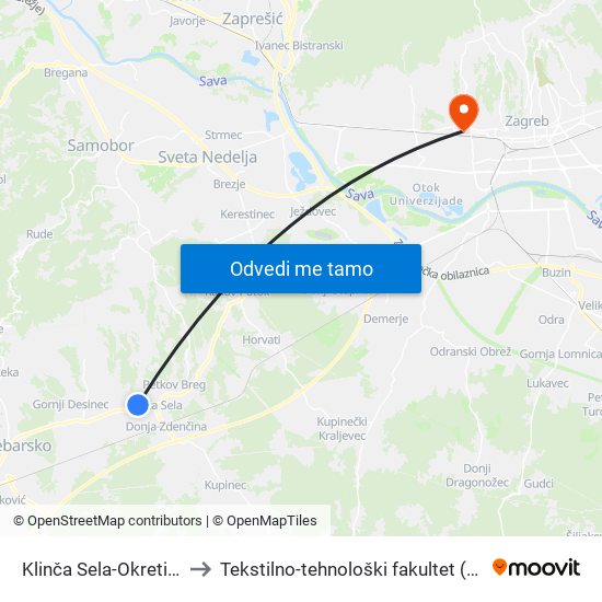 Klinča Sela-Okretište to Tekstilno-tehnološki fakultet (TTF) map