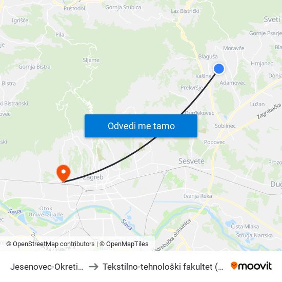 Jesenovec-Okretište to Tekstilno-tehnološki fakultet (TTF) map
