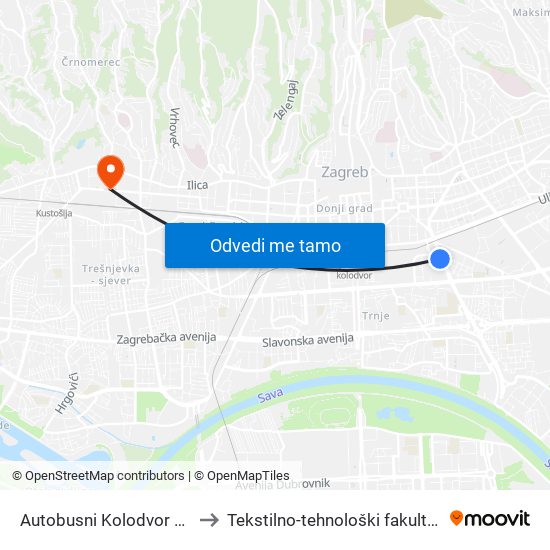 Autobusni Kolodvor Zagreb to Tekstilno-tehnološki fakultet (TTF) map