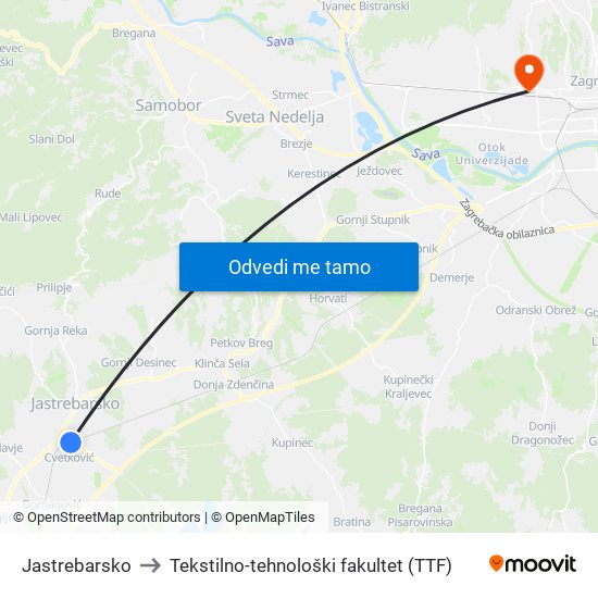 Jastrebarsko to Tekstilno-tehnološki fakultet (TTF) map