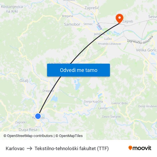 Karlovac to Tekstilno-tehnološki fakultet (TTF) map