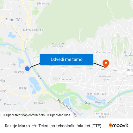 Rakitje Marko to Tekstilno-tehnološki fakultet (TTF) map