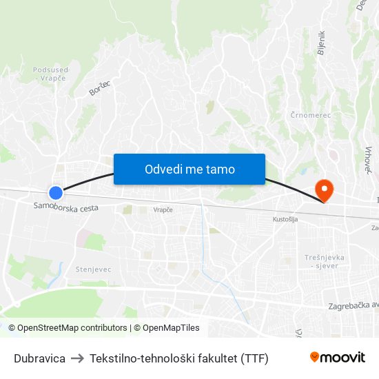 Dubravica to Tekstilno-tehnološki fakultet (TTF) map