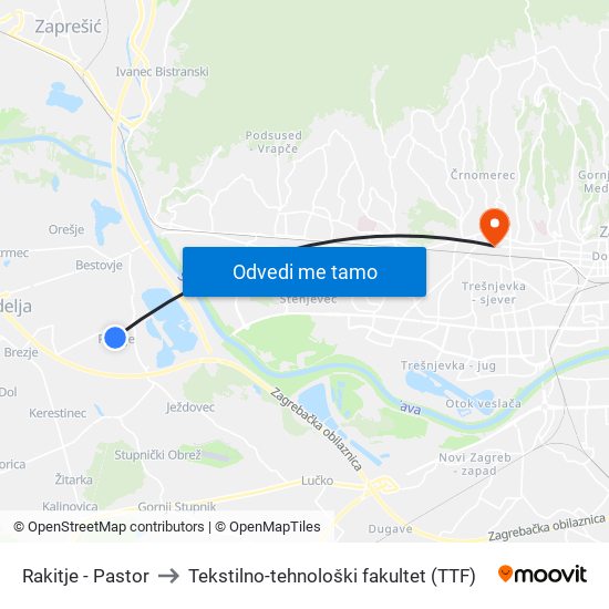 Rakitje - Pastor to Tekstilno-tehnološki fakultet (TTF) map