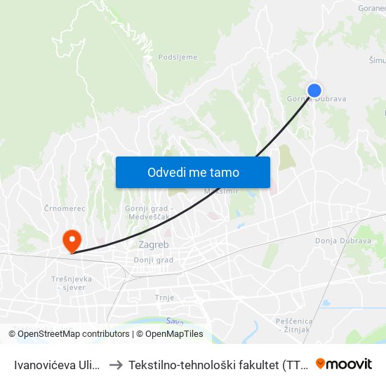 Ivanovićeva Ulica to Tekstilno-tehnološki fakultet (TTF) map
