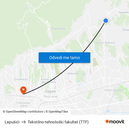 Lepušići to Tekstilno-tehnološki fakultet (TTF) map