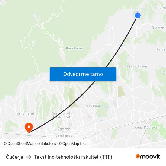 Čučerje to Tekstilno-tehnološki fakultet (TTF) map