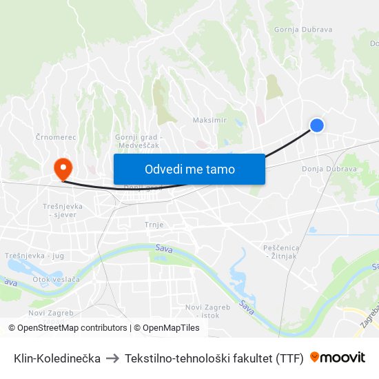 Klin-Koledinečka to Tekstilno-tehnološki fakultet (TTF) map